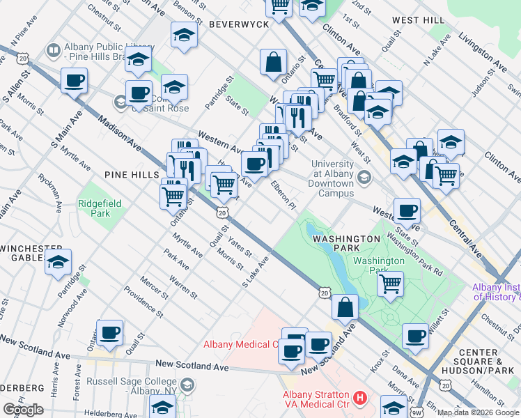 map of restaurants, bars, coffee shops, grocery stores, and more near 422 Hudson Avenue in Albany