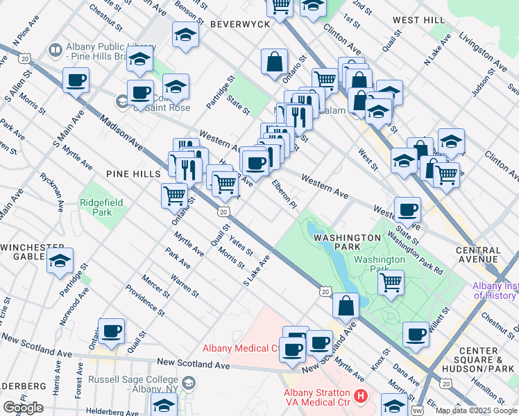 map of restaurants, bars, coffee shops, grocery stores, and more near 420 Hudson Avenue in Albany