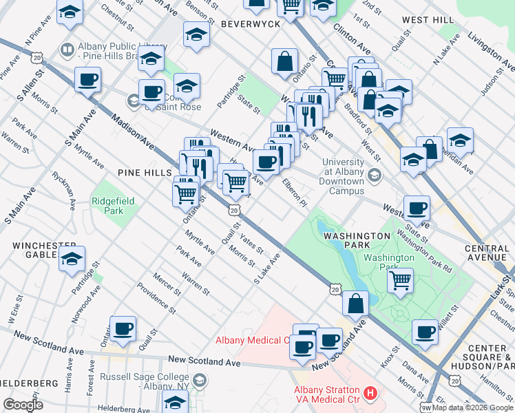 map of restaurants, bars, coffee shops, grocery stores, and more near 248 Quail Street in Albany