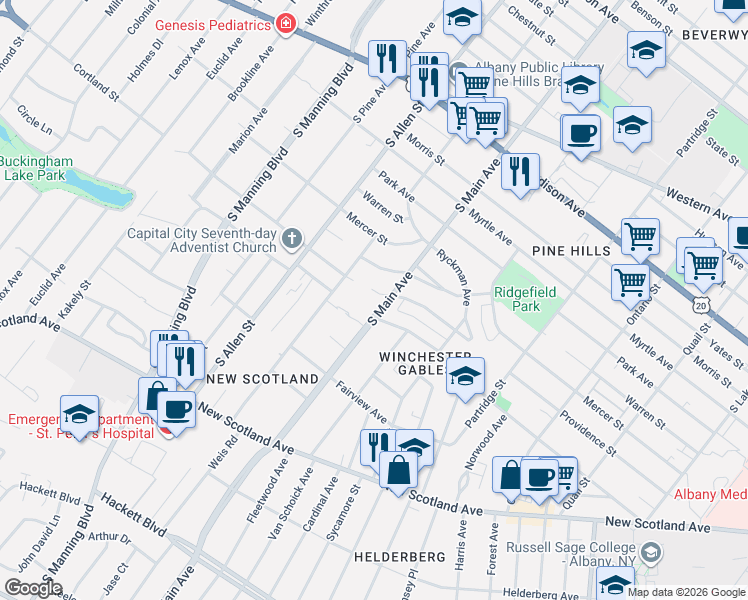 map of restaurants, bars, coffee shops, grocery stores, and more near in Albany