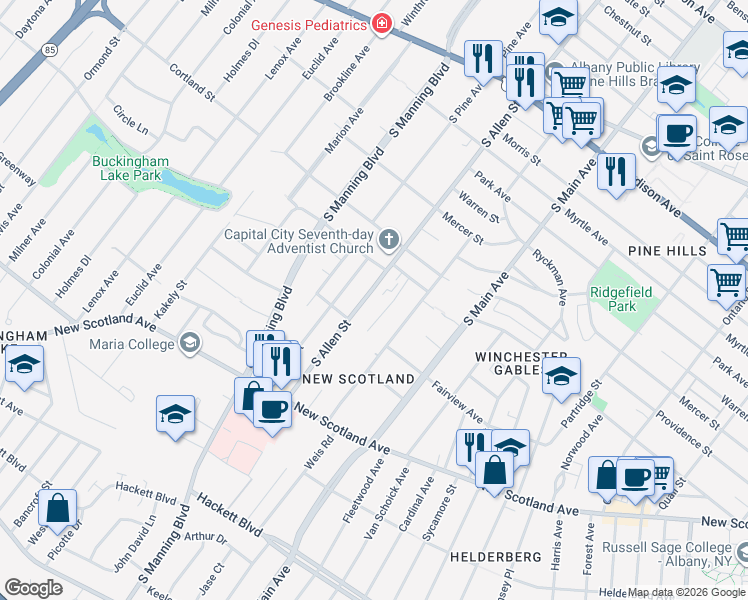 map of restaurants, bars, coffee shops, grocery stores, and more near 211 South Allen Street in Albany