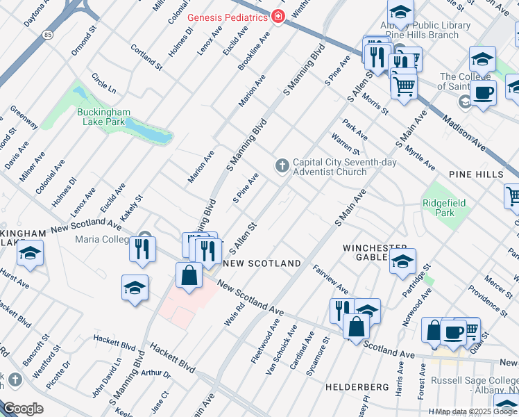 map of restaurants, bars, coffee shops, grocery stores, and more near 45 Winnie Street in Albany
