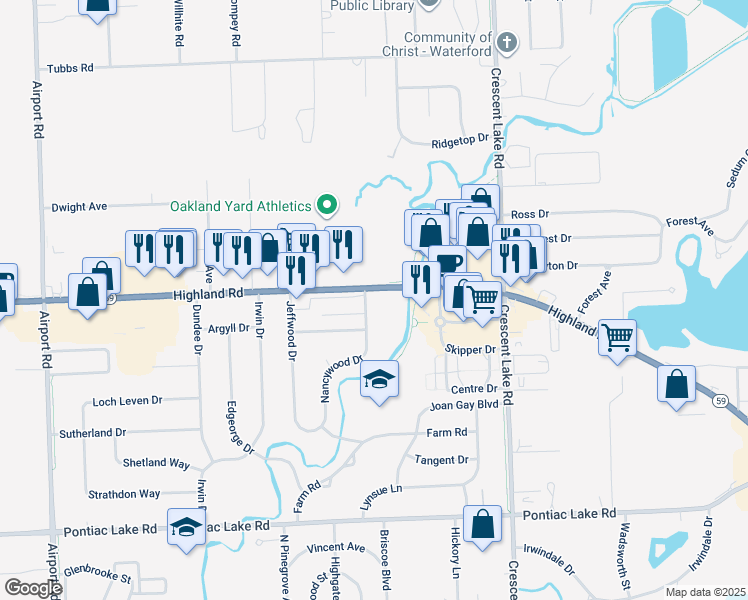 map of restaurants, bars, coffee shops, grocery stores, and more near 5333 Highland Road in Waterford Township
