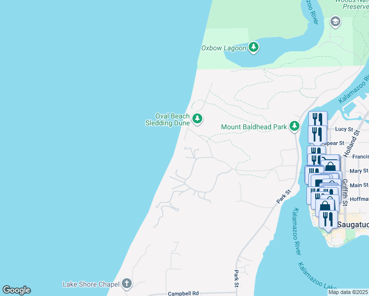 map of restaurants, bars, coffee shops, grocery stores, and more near in Saugatuck