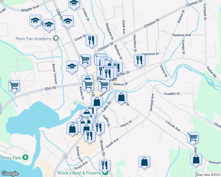 map of restaurants, bars, coffee shops, grocery stores, and more near 104 Water Street in Penn Yan