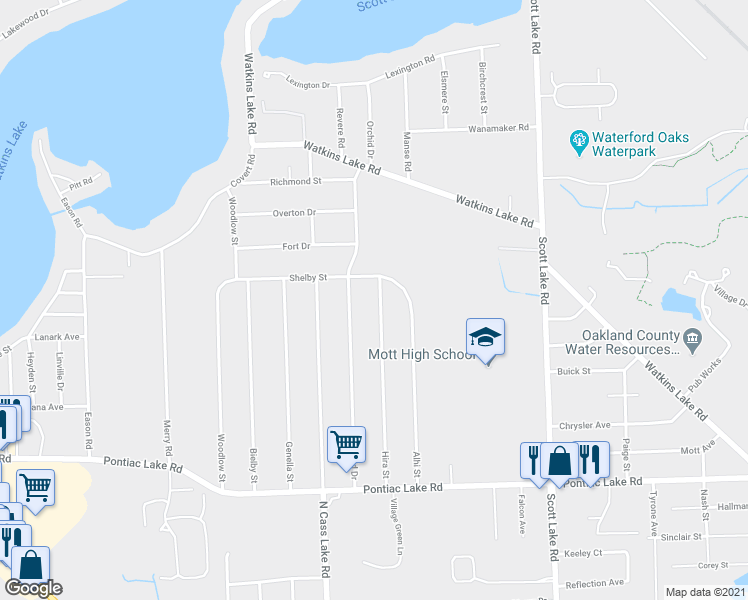 map of restaurants, bars, coffee shops, grocery stores, and more near 1385 Hira Street in Waterford Township