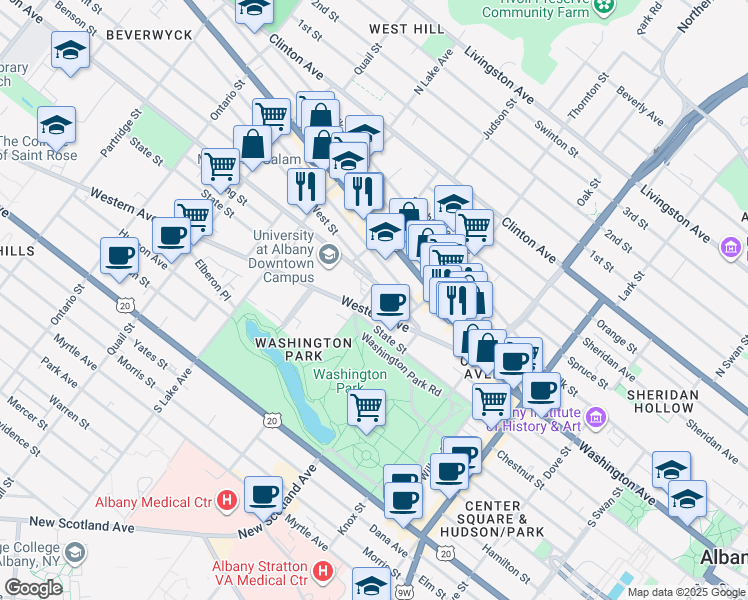 map of restaurants, bars, coffee shops, grocery stores, and more near 27 Western Avenue in Albany