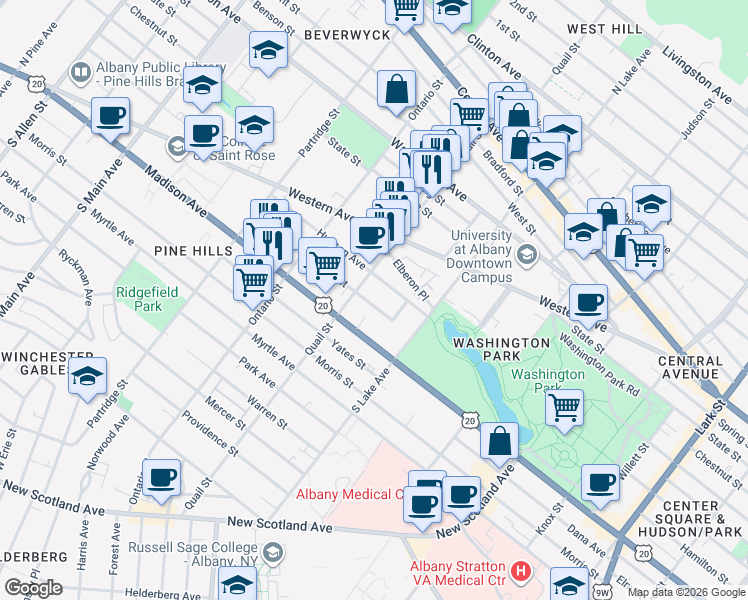 map of restaurants, bars, coffee shops, grocery stores, and more near 435 Hamilton Street in Albany