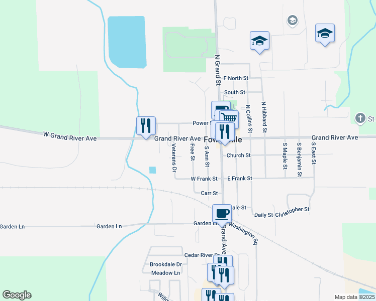 map of restaurants, bars, coffee shops, grocery stores, and more near 123 South Detroit Street in Fowlerville