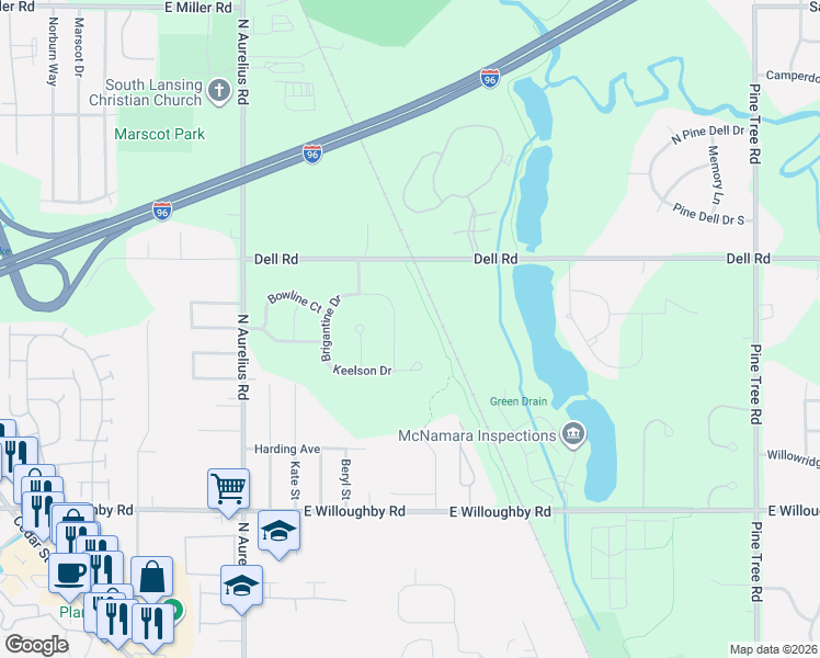 map of restaurants, bars, coffee shops, grocery stores, and more near 2682 Halyard Drive in Lansing