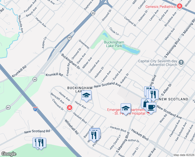 map of restaurants, bars, coffee shops, grocery stores, and more near 201 Holmes Dale in Albany