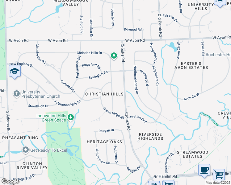 map of restaurants, bars, coffee shops, grocery stores, and more near 1701 Christian Hills Drive in Rochester Hills