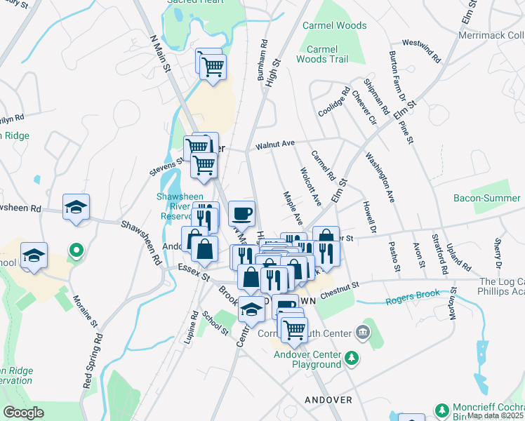 map of restaurants, bars, coffee shops, grocery stores, and more near 37 High Street in Andover