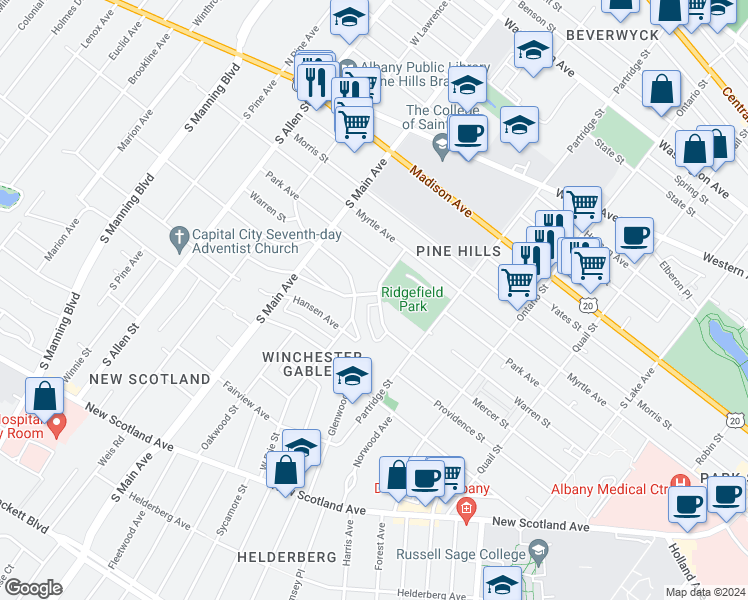 map of restaurants, bars, coffee shops, grocery stores, and more near 2 Peyster Street in Albany