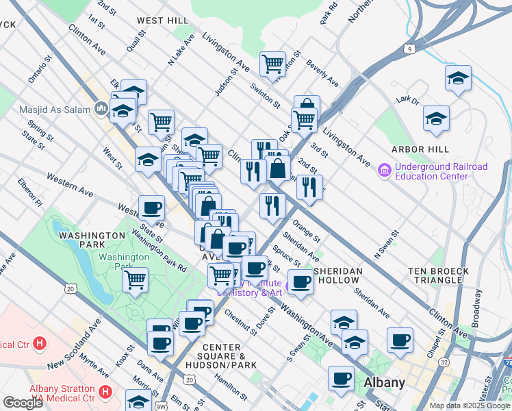 map of restaurants, bars, coffee shops, grocery stores, and more near 283 Sheridan Avenue in Albany