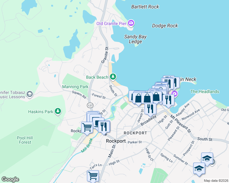 map of restaurants, bars, coffee shops, grocery stores, and more near 5 R Smith Street in Rockport