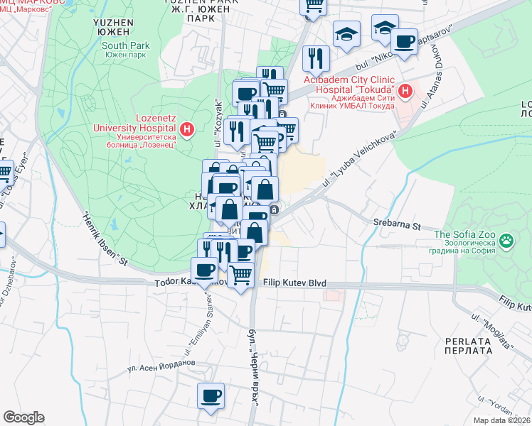map of restaurants, bars, coffee shops, grocery stores, and more near in Sofia