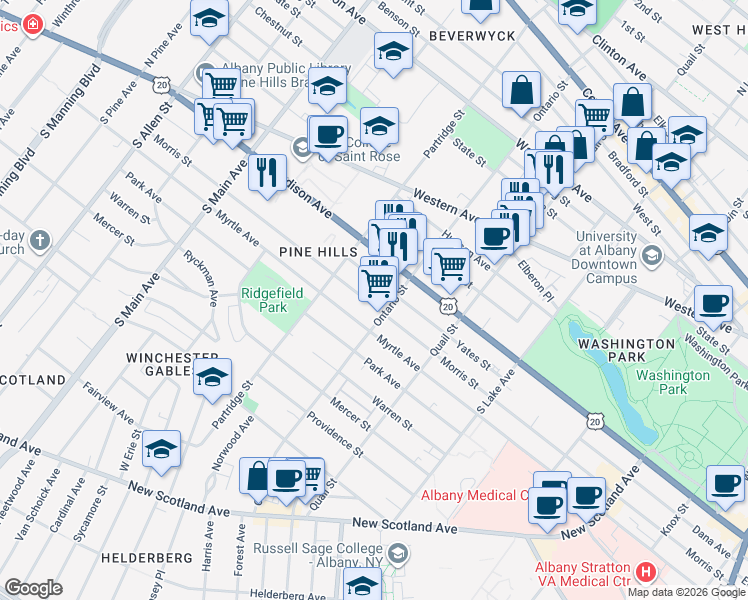 map of restaurants, bars, coffee shops, grocery stores, and more near 495 Morris Street in Albany