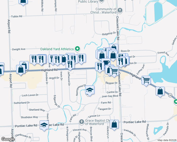 map of restaurants, bars, coffee shops, grocery stores, and more near 5333 Highland Road in Waterford Township
