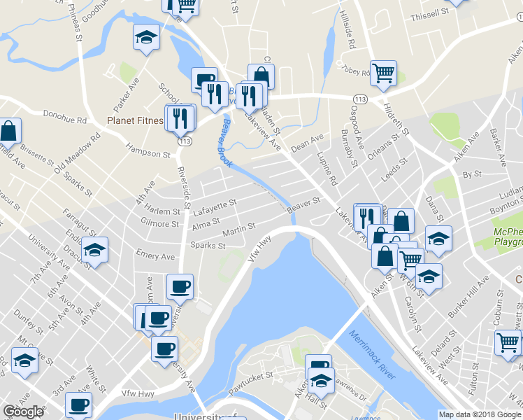 map of restaurants, bars, coffee shops, grocery stores, and more near 135 Alma Street in Lowell