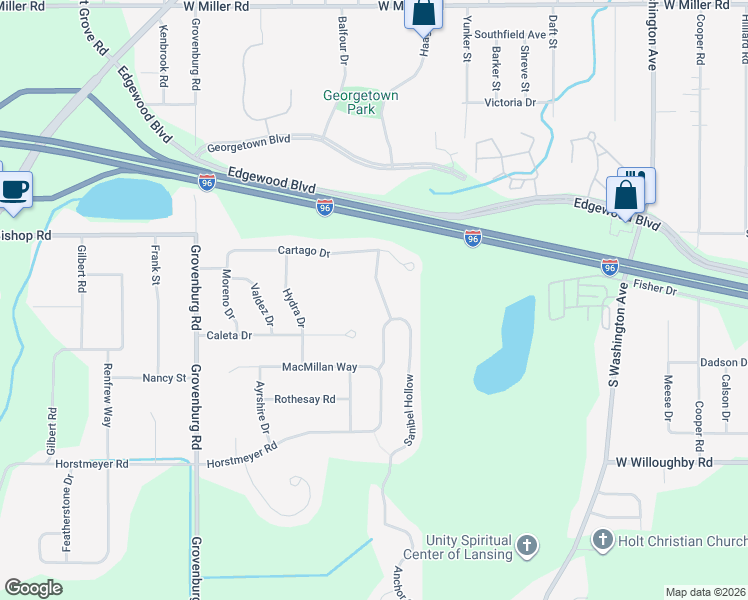 map of restaurants, bars, coffee shops, grocery stores, and more near 2683 Little Hickory Dr in Lansing