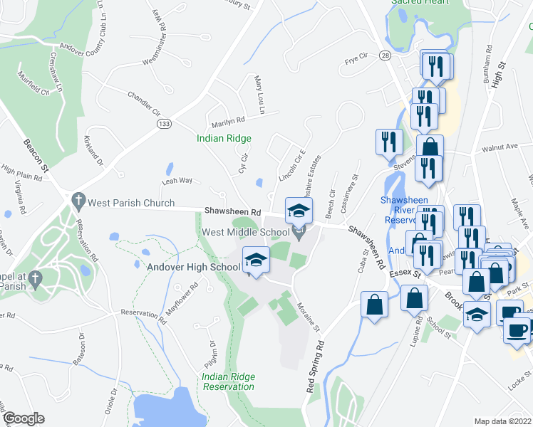 map of restaurants, bars, coffee shops, grocery stores, and more near 91 Shawsheen Road in Andover