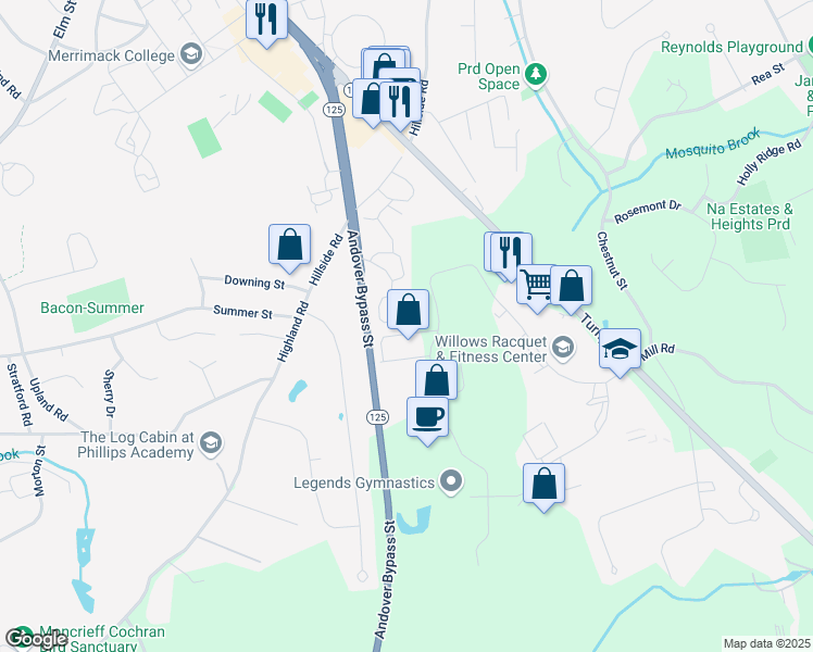 map of restaurants, bars, coffee shops, grocery stores, and more near 68 Meadowood Road in North Andover