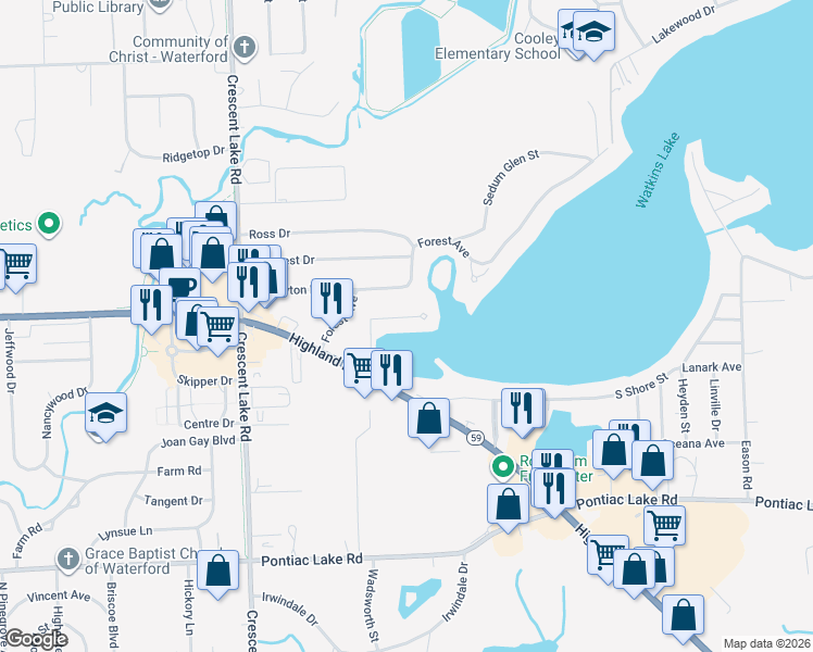 map of restaurants, bars, coffee shops, grocery stores, and more near 4621 Claudia Drive in Waterford Township