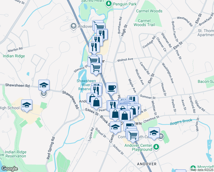 map of restaurants, bars, coffee shops, grocery stores, and more near 117 North Main Street in Andover