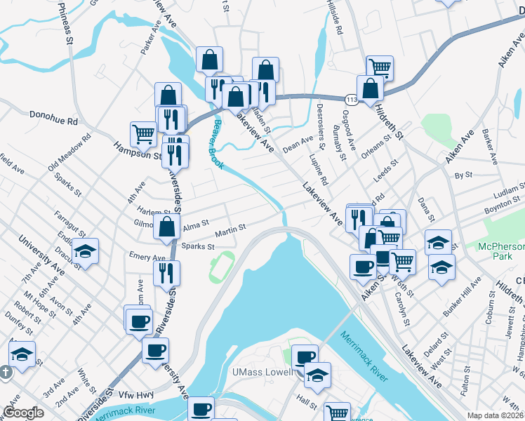 map of restaurants, bars, coffee shops, grocery stores, and more near 135 Alma Street in Lowell