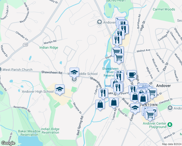 map of restaurants, bars, coffee shops, grocery stores, and more near 77 Stevens Street in Andover