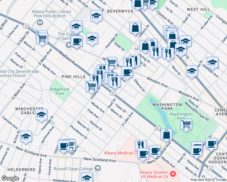 map of restaurants, bars, coffee shops, grocery stores, and more near 799 Madison Avenue in Albany