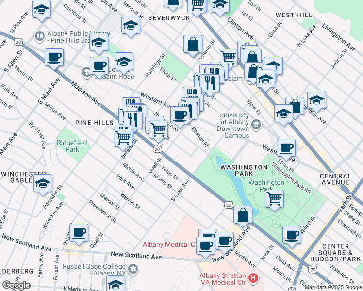 map of restaurants, bars, coffee shops, grocery stores, and more near 248 Quail Street in Albany