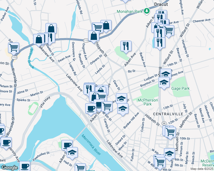 map of restaurants, bars, coffee shops, grocery stores, and more near 120 Aiken Avenue in Lowell