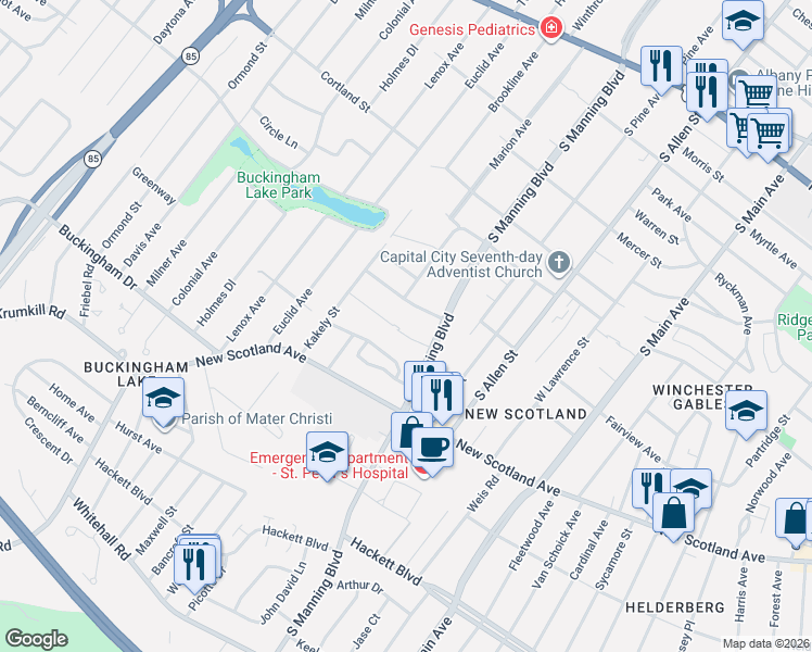 map of restaurants, bars, coffee shops, grocery stores, and more near 20 Freeman Road in Albany