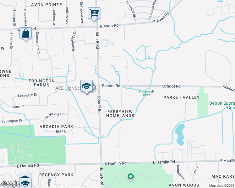 map of restaurants, bars, coffee shops, grocery stores, and more near 1460 Gravel Ridge Drive in Rochester Hills