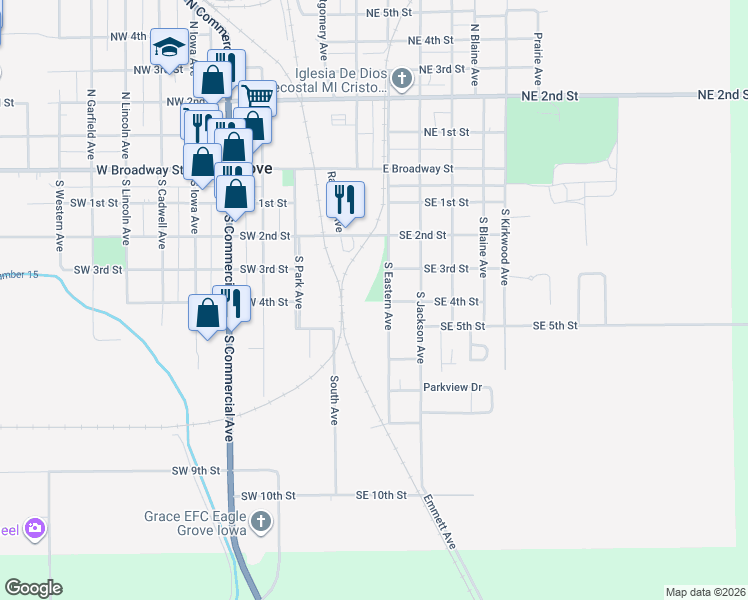 map of restaurants, bars, coffee shops, grocery stores, and more near 599 South Eastern Avenue in Eagle Grove