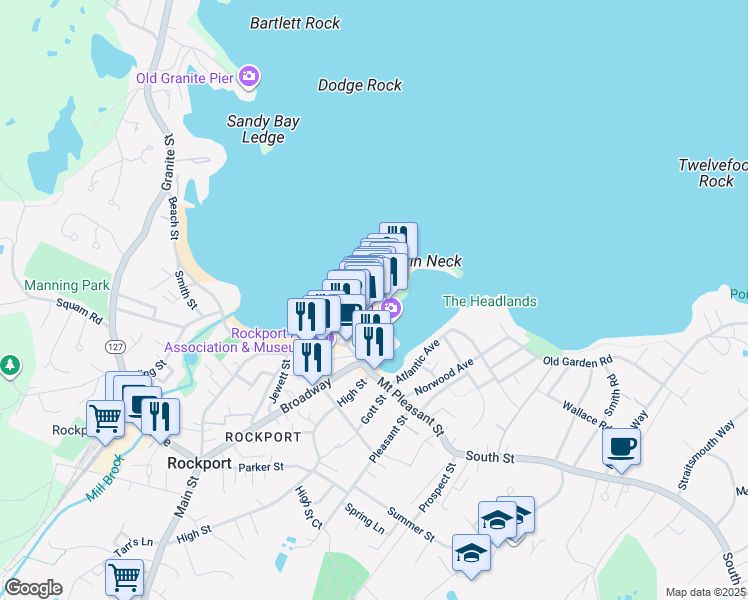 map of restaurants, bars, coffee shops, grocery stores, and more near 42 Bearskin Neck in Rockport