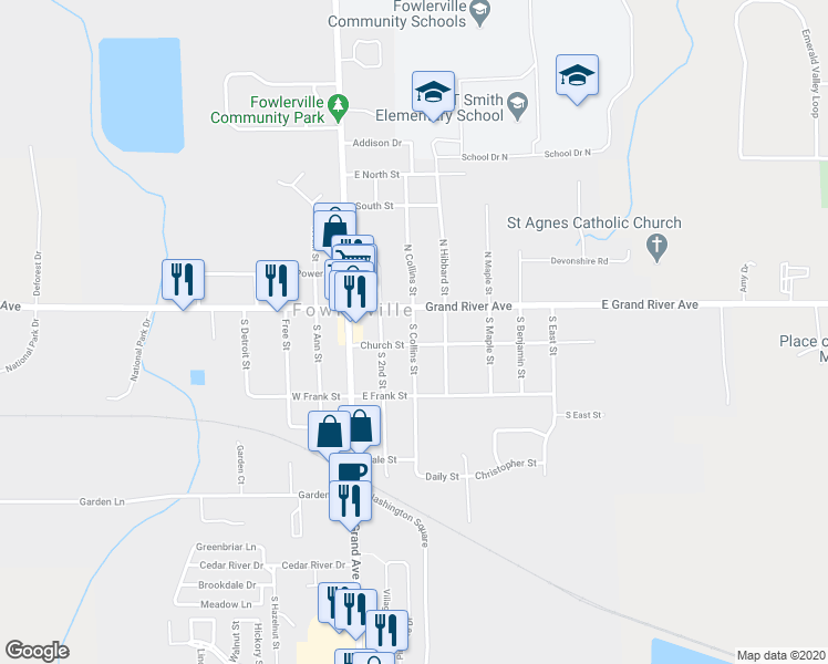 map of restaurants, bars, coffee shops, grocery stores, and more near 119 South Collins Street in Fowlerville