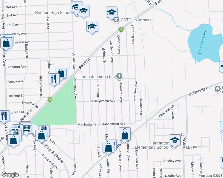 map of restaurants, bars, coffee shops, grocery stores, and more near 791 Kenilworth Avenue in Pontiac