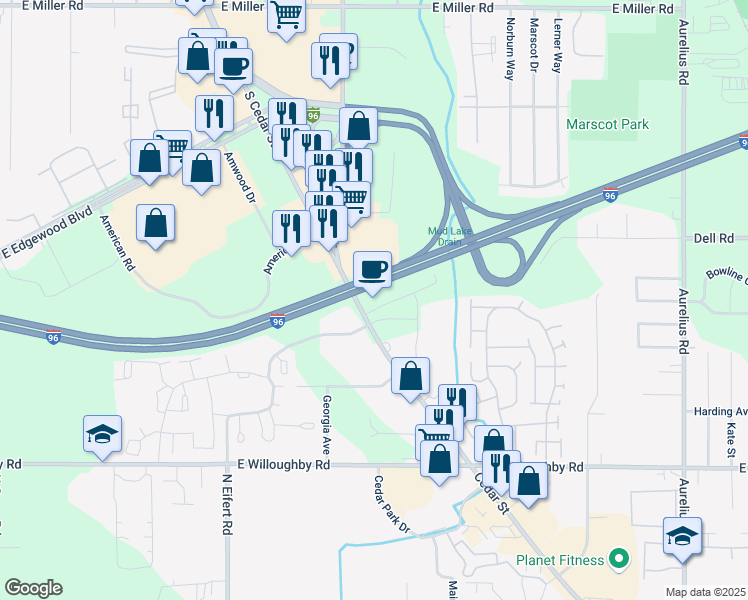 map of restaurants, bars, coffee shops, grocery stores, and more near 6715 South Cedar Street in Lansing