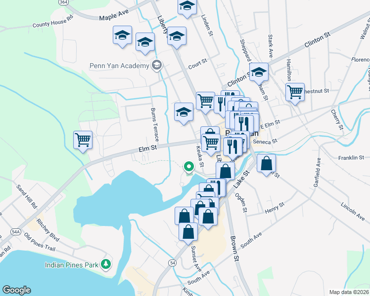map of restaurants, bars, coffee shops, grocery stores, and more near 322 Elm Street in Penn Yan