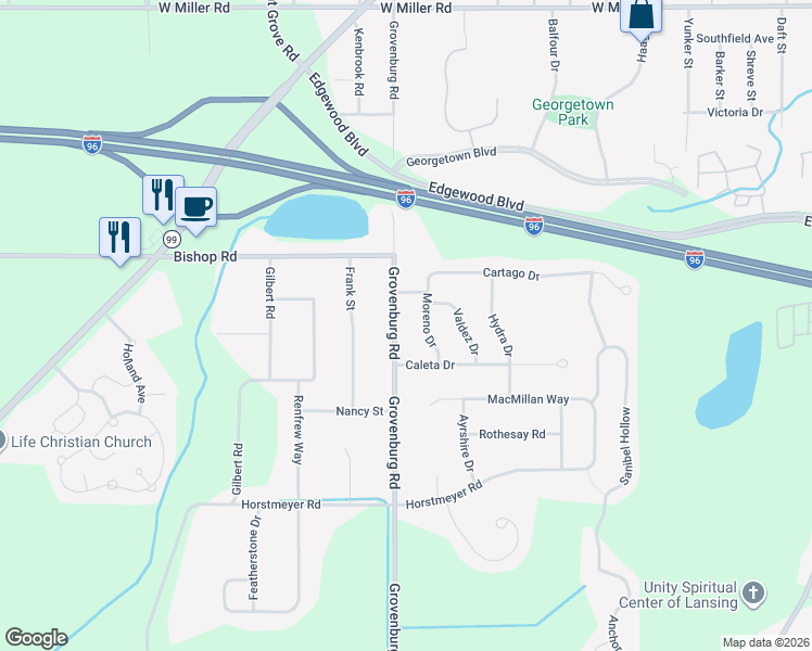 map of restaurants, bars, coffee shops, grocery stores, and more near 2688 Grovenburg Road in Lansing