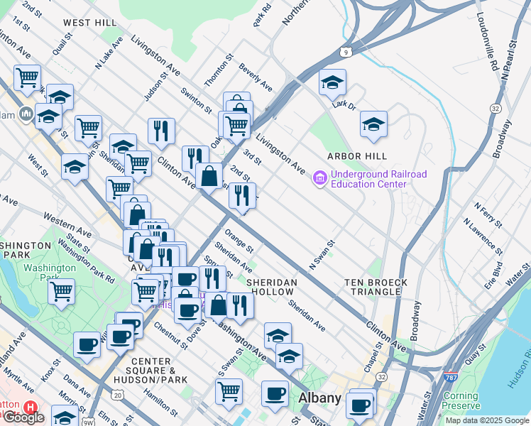 map of restaurants, bars, coffee shops, grocery stores, and more near 175 1st Street in Albany