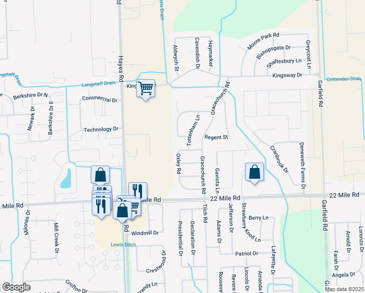 map of restaurants, bars, coffee shops, grocery stores, and more near 15627 Tudor Street in Macomb
