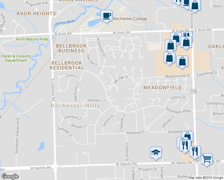map of restaurants, bars, coffee shops, grocery stores, and more near 1207 Miniature Court in Rochester Hills