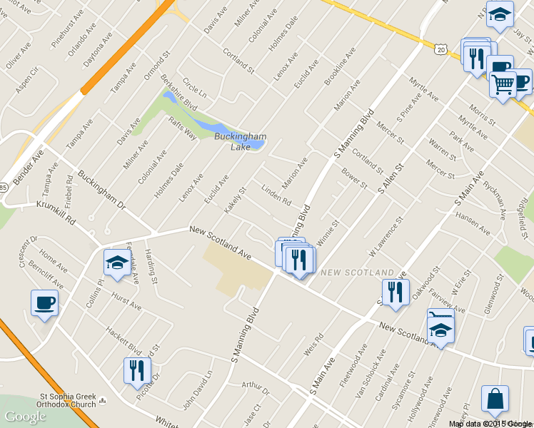 map of restaurants, bars, coffee shops, grocery stores, and more near 20 Freeman Road in Albany