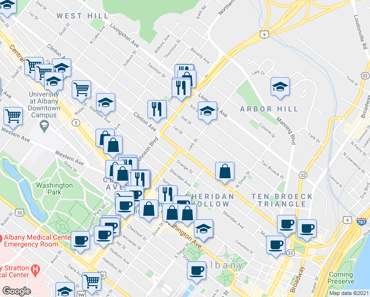 map of restaurants, bars, coffee shops, grocery stores, and more near 281 Clinton Avenue in Albany