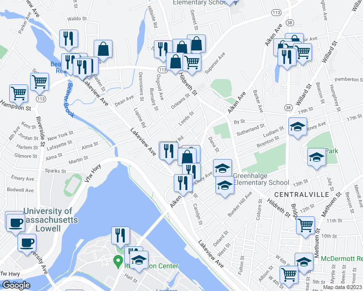 map of restaurants, bars, coffee shops, grocery stores, and more near 121 Dalton Street in Lowell