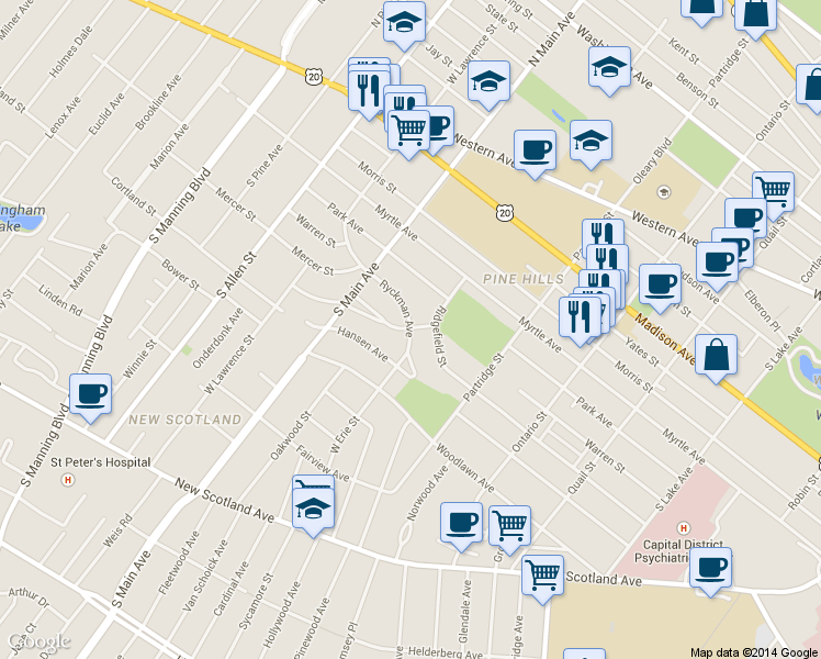 map of restaurants, bars, coffee shops, grocery stores, and more near 45 Ryckman Avenue in Albany